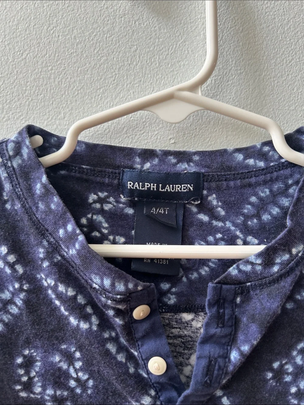 Girls' Ralph Lauren Navy and White Tie-Dye Henley Long Sleeve Tee